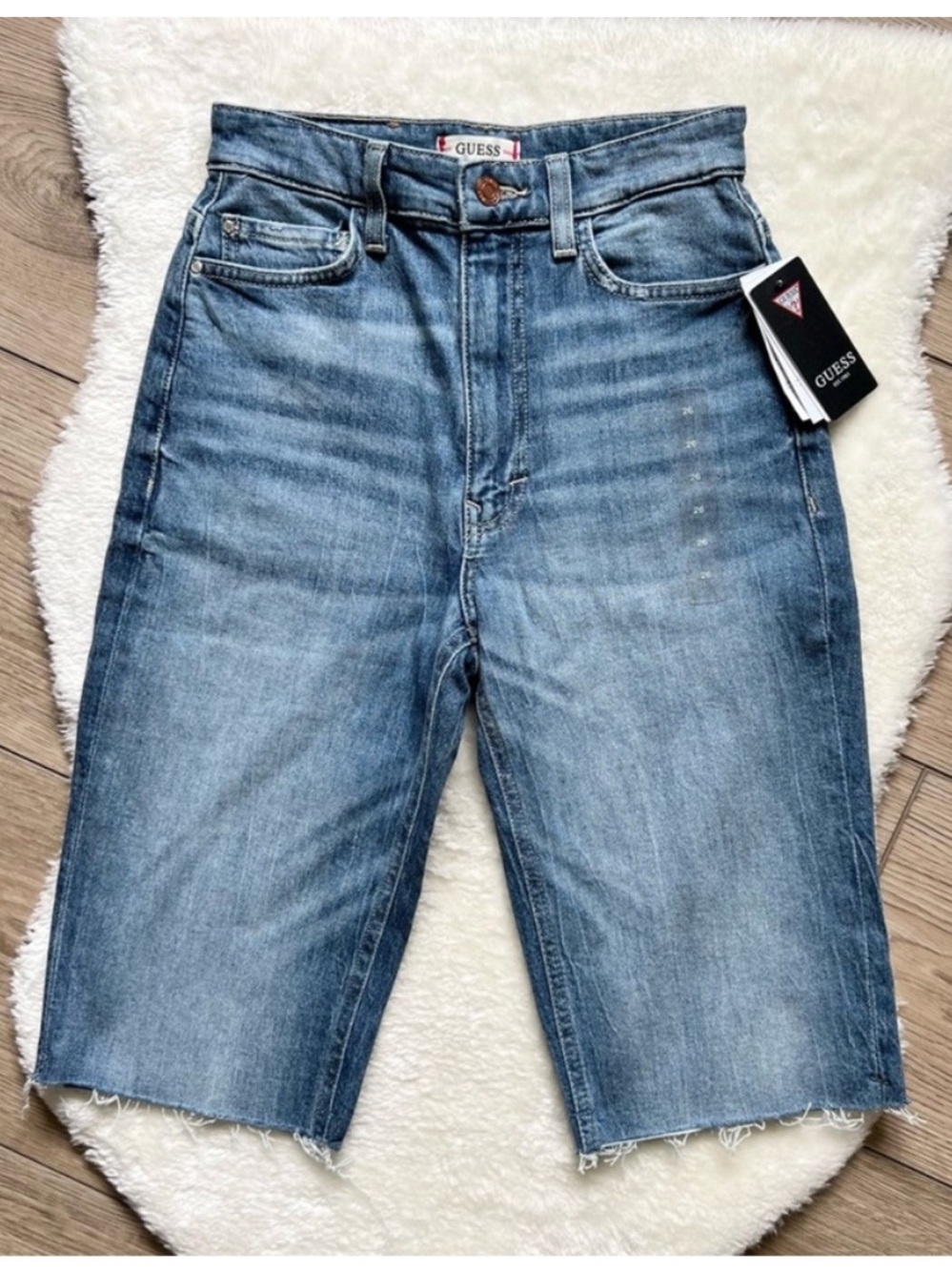 GUESS Blue Distressed Denim Bermuda Shorts